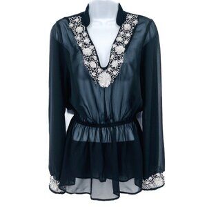 Sheer Floral Beaded Sequin Embellished Tunic Blouse Top Swim Cover Up Small